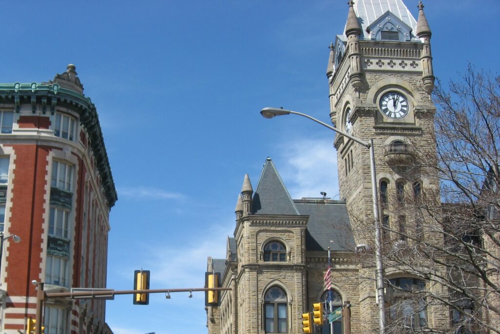 Historic downtown Butler, Pennsylvania, with the Butler County Courthouse clock tower